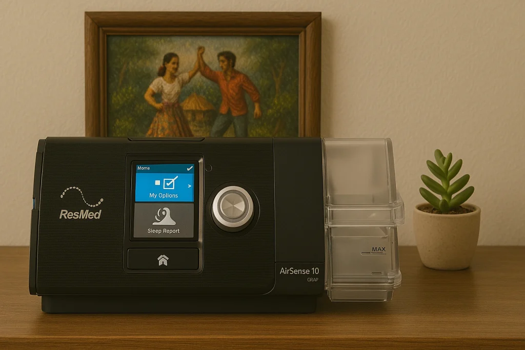 ResMed AirSense 10 CPAP machine with options display.