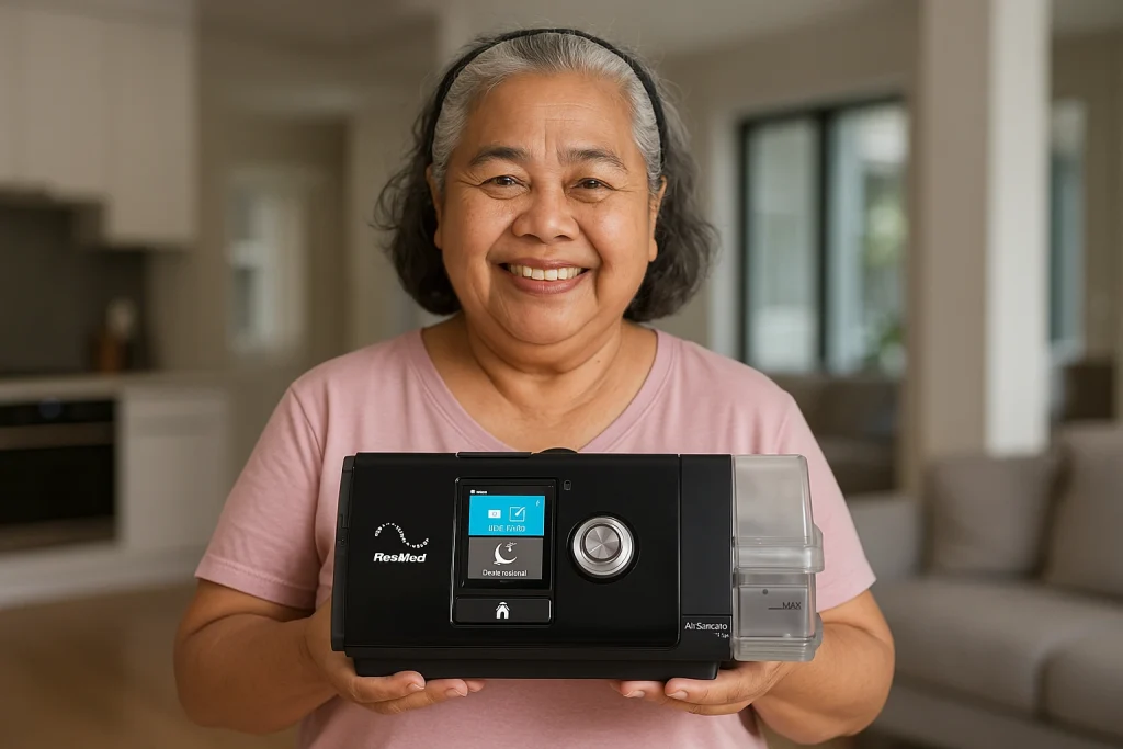 Woman holding ResMed AirSense 10 CPAP machine for better sleep.