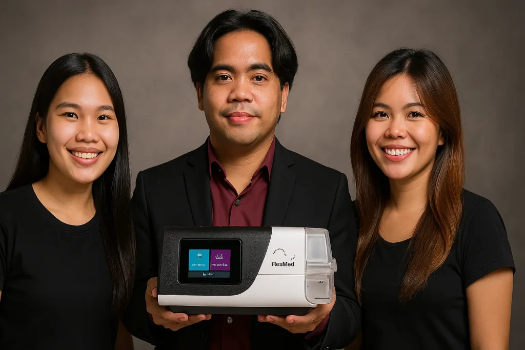 Lovely, Arjay, and Rose holding CPAP machine at Global Sleep Care.