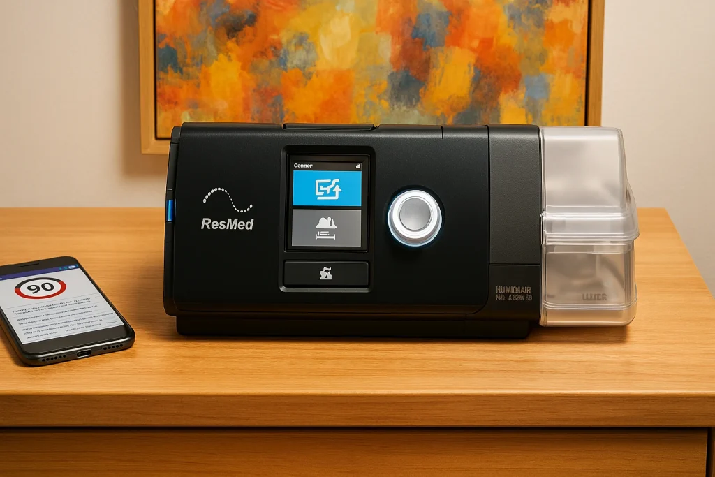 ResMed CPAP machine with HumidAir and smartphone on table.