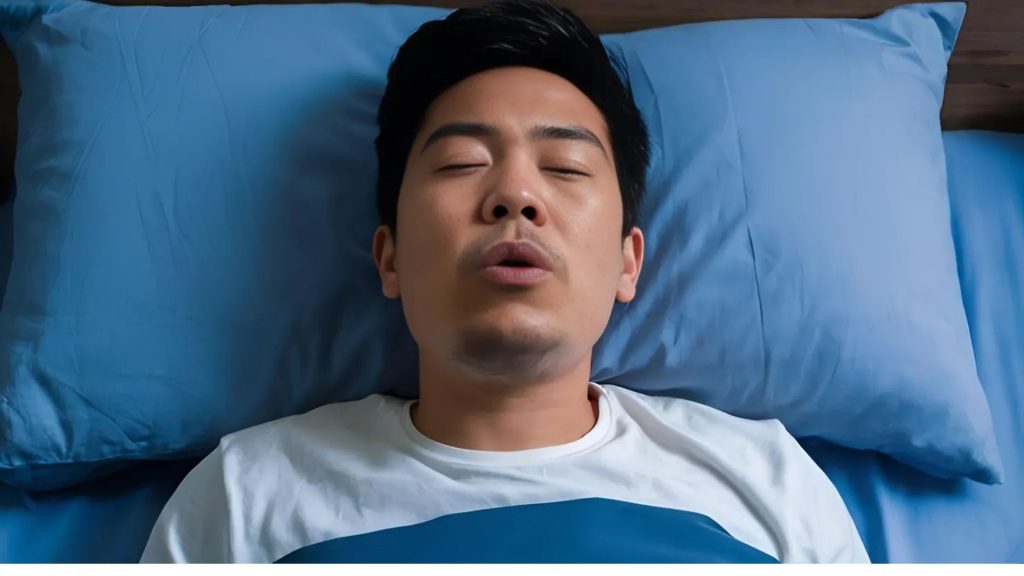 Man lying in bed, possibly experiencing sleep apnea.