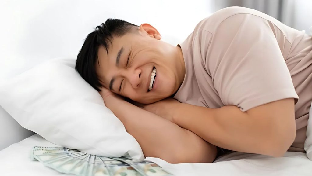Man smiling while sleeping next to money, feeling content.