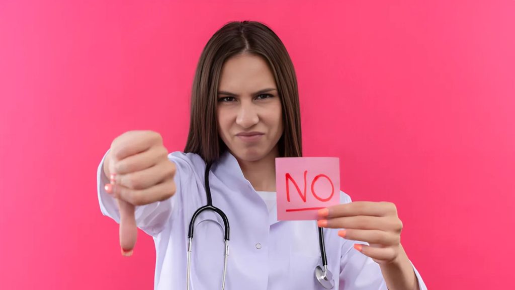 Doctor showing disapproval with a 'No' sign for CPAP purchase.